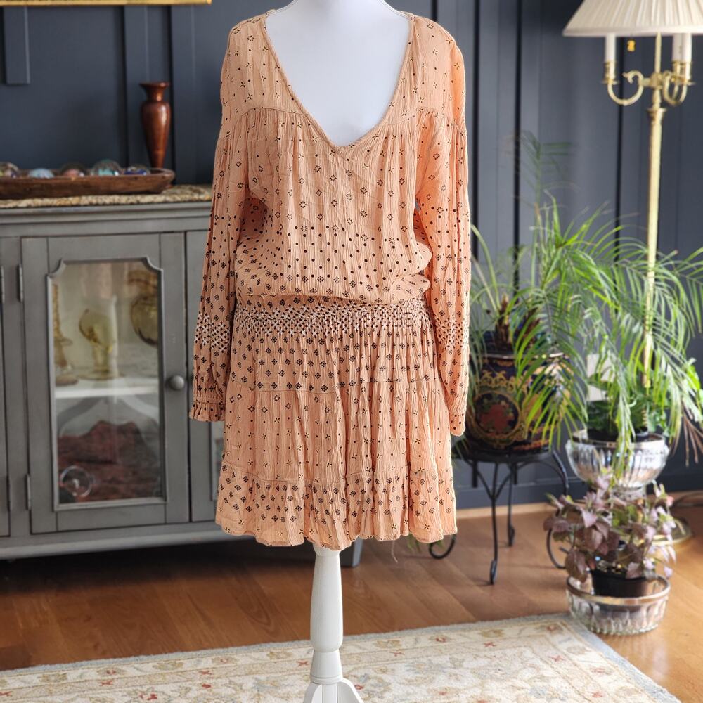 O'Neill Boho Peasant Festival Mini Dress Smocked Waist Peach Sz Med